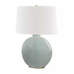 Kimball 1 Light Table Lamp with round ceramic base in light seafoam green and white tapered drum shade