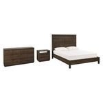 Full bedroom set with Santa Clara platform bed, geometric patterned dresser, and matching nightstand in dark oak