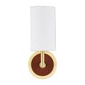 Ellerston Wall Sconce viewed from front with unlit white fabric shade and gold accent ring