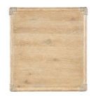 Top-down view highlighting natural wood grain texture and rope-wrapped corners of table top.