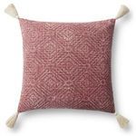 Square red pillow with modern tribal diamond pattern and natural cotton tassels on each corner