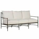 Roma Slate Gray Aluminum Sofa with three white cushions and black metal frame accented with brass detailing