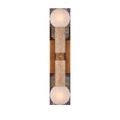 Beatrix Bath Wall Sconce viewed straight-on showing full vertical travertine and globes