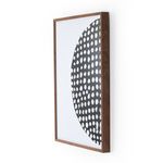 Right panel side view showing walnut frame thickness and white dot pattern on black circle