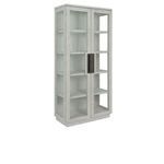 Larson cabinet in reclaimed pine wood with clear tempered glass doors and dark brass handles