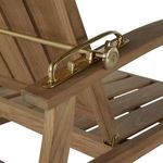 Side view highlighting reclining angle of chair with white cushions and teak armrests