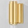 Close-up of brass-finished metal mount connecting two frosted glass shades with smooth texture