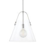 Extra large pendant with clear bell-shaped glass shade and metal strap arching over top, incandescent bulb inside