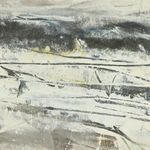 Detailed close-up of charcoal lines and white paint blending with earthy abstract strokes