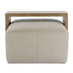 View of ottoman with oak wood side table mounted on top seen from front