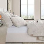 Styled bedroom scene with multiple oyster gray velvet shams arranged on bed with matching bedding