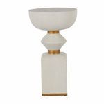 Front view highlighting the full vertical profile of the white Mindy side table with gold stain
