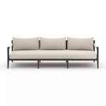 Front view of Sherwood sofa showing three sand-colored cushions evenly spaced
