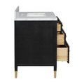 Side view of vanity with drawers open showing smooth wood interiors and black linen exterior
