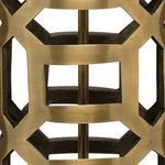 Close-up of antique brass lattice metalwork showing brushed texture and hollow maze details