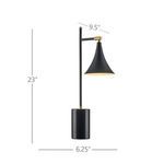 View of lamp's thin matte black stem rising from marble base topped with fluted shade