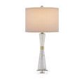 Edelmar Lamp with pleated shade lit from front on white background