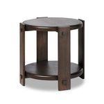 Close-up from side angle showing pegged wooden supports and rounded edges on end table