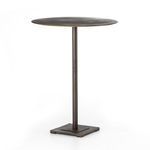 Slender pedestal bar table with antique brass finish and acid-etched round top on square base