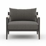 Alternate front angle with a low-profile seat cushion on dark wood frame