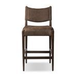 Jayla counter stool with midcentury design features, dark brown leather cushions, and dark wood frame, shown from front