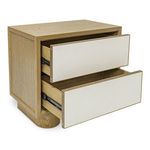Nightstand angled view showing both drawers pulled out and oak wood interior