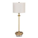 Domonique Stem Buffet Lamp with antique gold carved circular base and crisp white drum shade