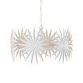 White suspended chandelier with visible ceiling mount and full chain length
