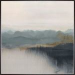 Misty Lake II painting with muted blues and grays depicting a foggy lake and distant mountains in a soft, tranquil style