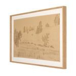 Side angle view showing the depth of the light wood frame around the rural landscape painting
