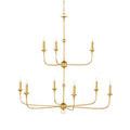 Two-tier gold chandelier with longer hanging chain and ceiling mount shown on white background