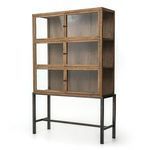 Spencer Curio Cabinet side view showing the open oak shelves and metal frame base
