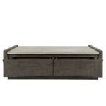 Front view of coffee table with both front drawers fully open, emphasizing clean lines and storage space
