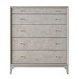 Tranquility Chest with five spacious drawers, metal pulls, and a linen texture finish in soft gray