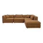 Brown Lowtide Dream Modular Sectional sofa with textured fabric and layered cushions in vintage 1970s style