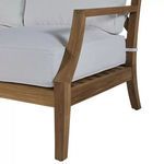 Close-up of sofa arm and seat cushion edge highlighting teak wood grain and cushion piping