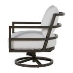 Side profile of outdoor chair showing curved back frame and white cushions