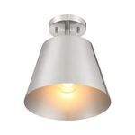 lit bulb inside brushed nickel shade casting warm light downward