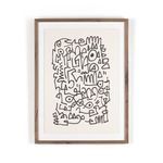 Abstract black line drawing with geometric shapes framed in rustic walnut with white matting