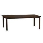 Rectangular outdoor dining table with dark brown aluminum top and straight square legs
