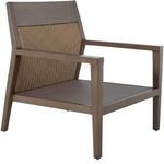 Outdoor seating area featuring Savannah Aluminum Oak/Raffia Lounge chairs on tiled floor