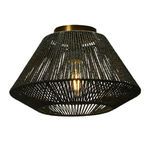 Flush mount ceiling light with woven paper rope shade illuminated with warm light