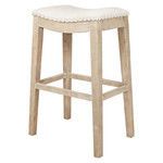 Harper Barstool side angle showcasing the distressed texture on oak legs and linen upholstery