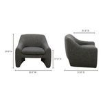Barrow chair front and side views with dimensions highlighting width, height, and depth in inches