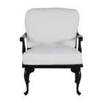 Front view of lounge chair highlighting thick white seat and back cushions with black carved legs