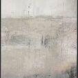 Abstract painting with muted beige and gray tones, textured layers suggesting a tranquil dusk landscape