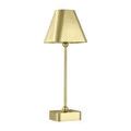Classic trapezoidal brass shade with visible edges and the sphere detail on the lamp stem