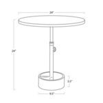 Line drawing with dimensions showing 24 inch height and width, 9.5 inch base diameter for Myles Accent Table Large