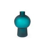Small teal frosted glass vase with rounded bulbous top and cylindrical base
