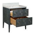 Side profile of vanity with drawers open revealing depth and rattan side detailing
